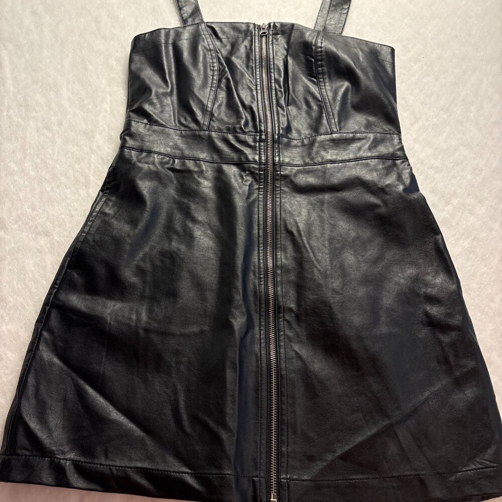 Faux Leather Exposed Zipper Fit&Flare Black Dress SzS Straps Vamp Goth Punk NWOT